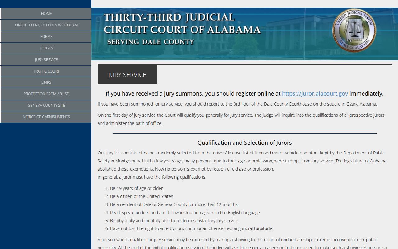 Dale County court calendar jury information